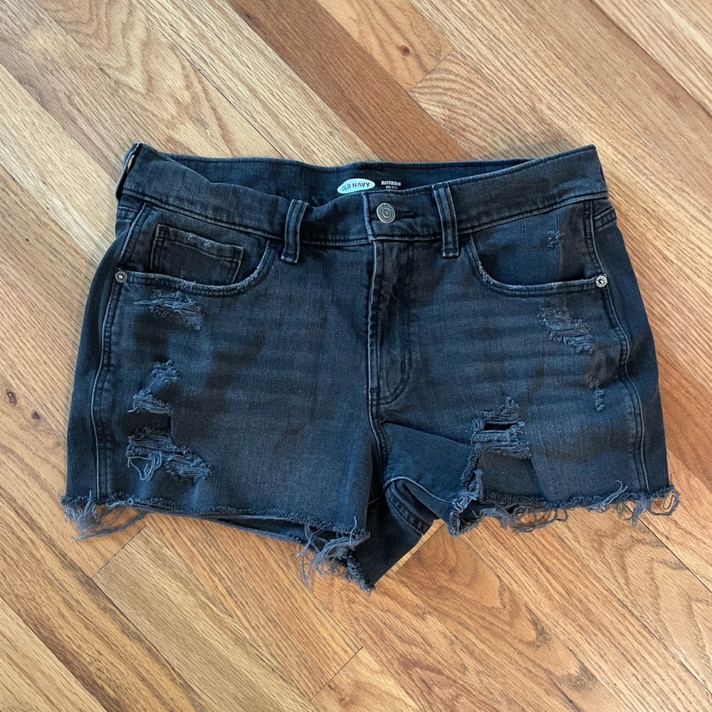 Mid-Rise Boyfriend Ripped Black Cut-Off Jean Shorts for Women